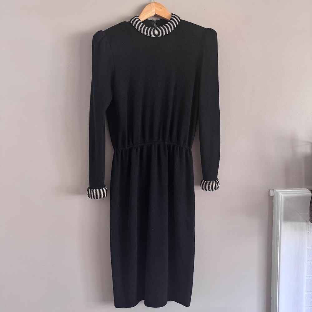 St. John By Marie Gray Vintage Black Beaded Trim Collar and Cuff Knit Dress 4